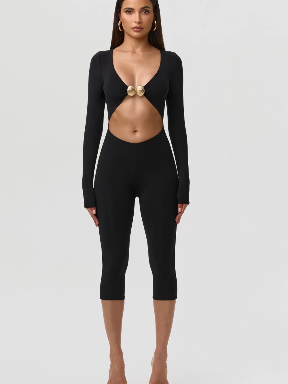 naked wardrobe Black Long-Sleeve Cutout Capri Jumpsuit with Gold Accent